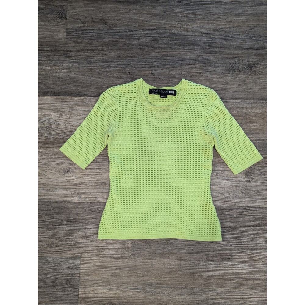 YIGAL AZRUOEL Neon Green Stretchy Open Knit Crewneck Cotton Spandex Top Size M